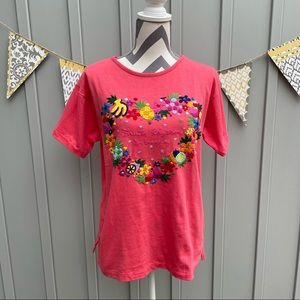 Banana Moon Coral Embroidered Short Sleeve Tee Shirt Fruits Rhythm for Everyday